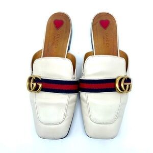 Gucci GG Logo Marmont Red Blue Web Canvas White Leather Mules Loafers EU 38.5
